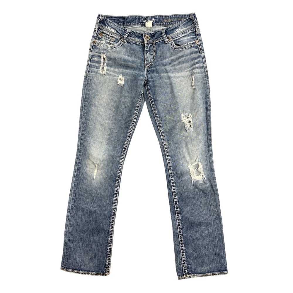 Silver Jeans Suki Straight Leg Distressed Denim Medium Wash W29 L30 L9920SVP379